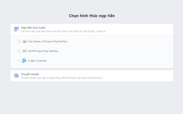 Chọn hình thức nạp tiền