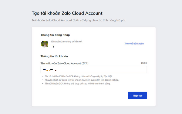 tạo tài khoản Zalo Cloud Account